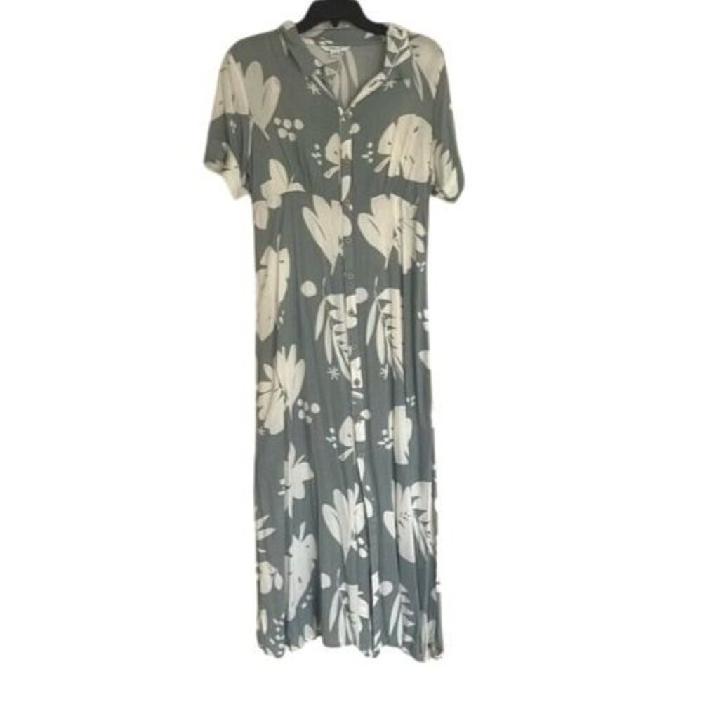 O'Neill XXL Claire Tropical Short Sleeve Collar Sundress Slit Maxi Dress Green - Picture 2 of 16